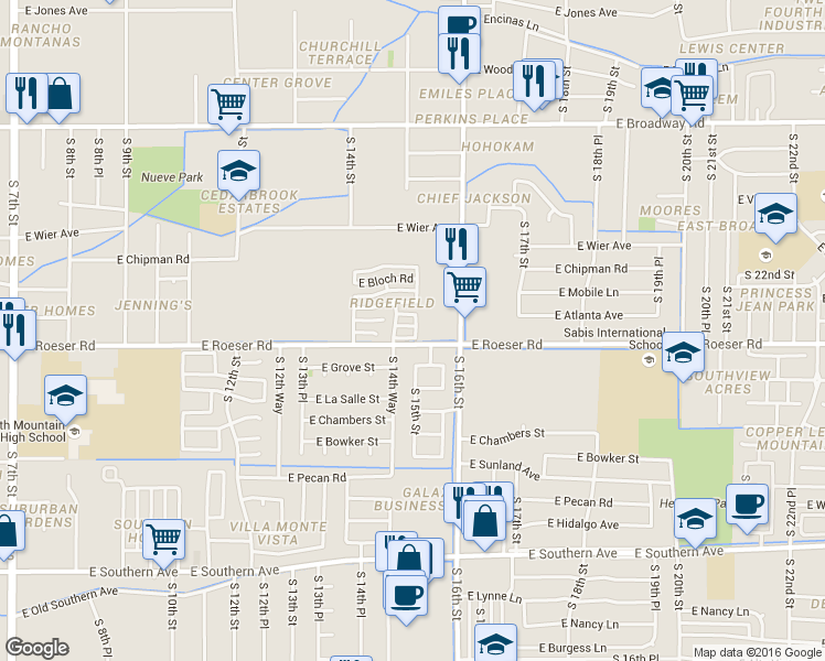 map of restaurants, bars, coffee shops, grocery stores, and more near 5105 South 15th Place in Phoenix