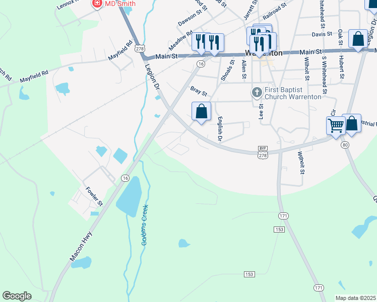 map of restaurants, bars, coffee shops, grocery stores, and more near 55 Parham Street in Warrenton
