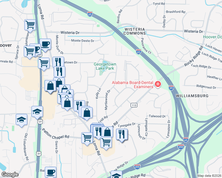 map of restaurants, bars, coffee shops, grocery stores, and more near 2161 Myrtlewood Drive in Birmingham