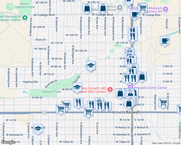 map of restaurants, bars, coffee shops, grocery stores, and more near 511 West 7th Street in Roswell