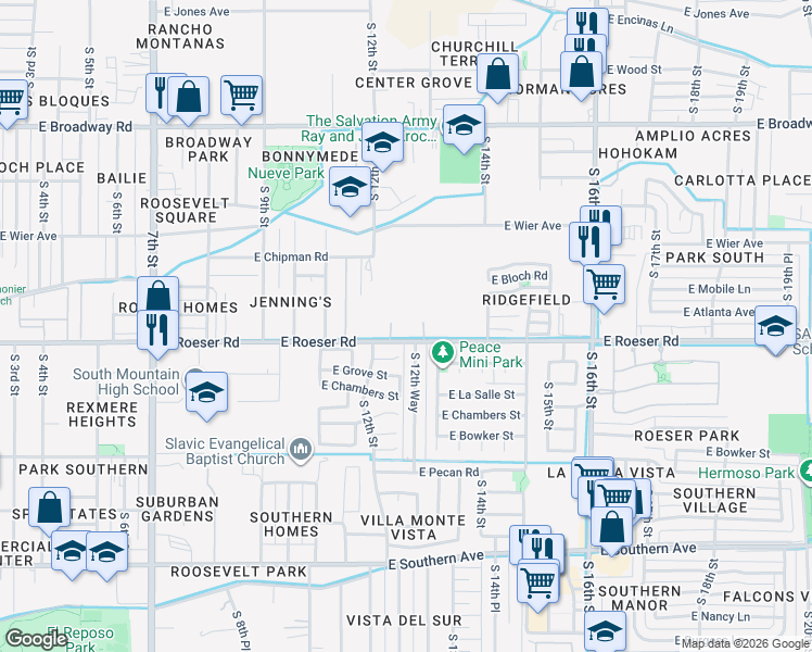 map of restaurants, bars, coffee shops, grocery stores, and more near 1230 East Roeser Road in Phoenix