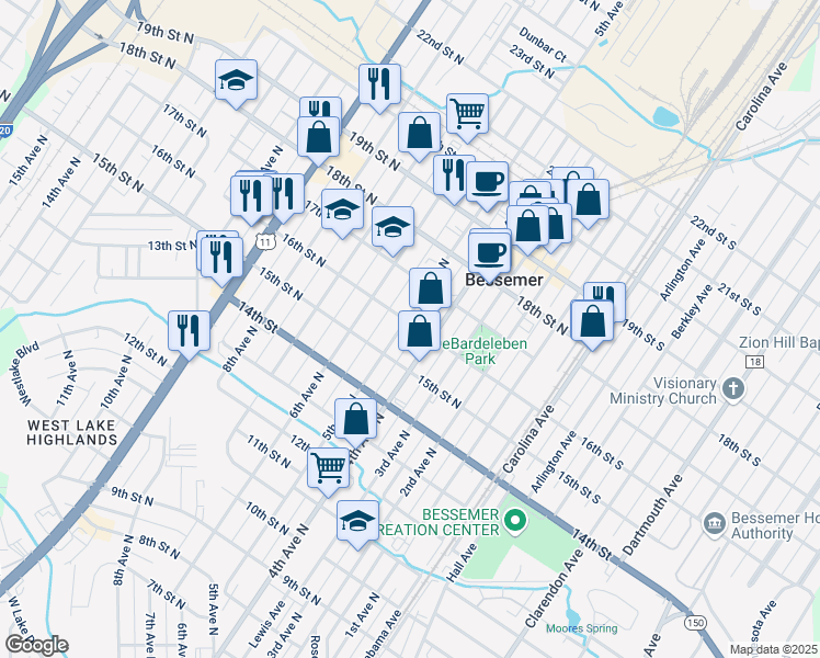 map of restaurants, bars, coffee shops, grocery stores, and more near 1531 5th Ave N in Bessemer