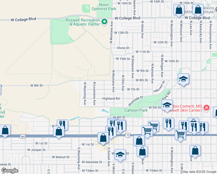 map of restaurants, bars, coffee shops, grocery stores, and more near 1304 West 8th Street in Roswell