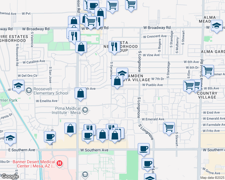 map of restaurants, bars, coffee shops, grocery stores, and more near 1807 West 8th Avenue in Mesa