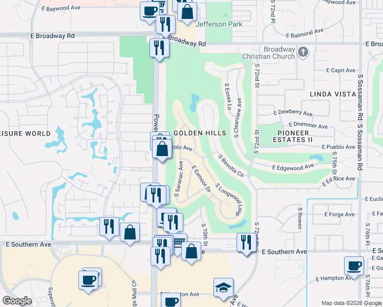 map of restaurants, bars, coffee shops, grocery stores, and more near 6926 East Pueblo Avenue in Mesa