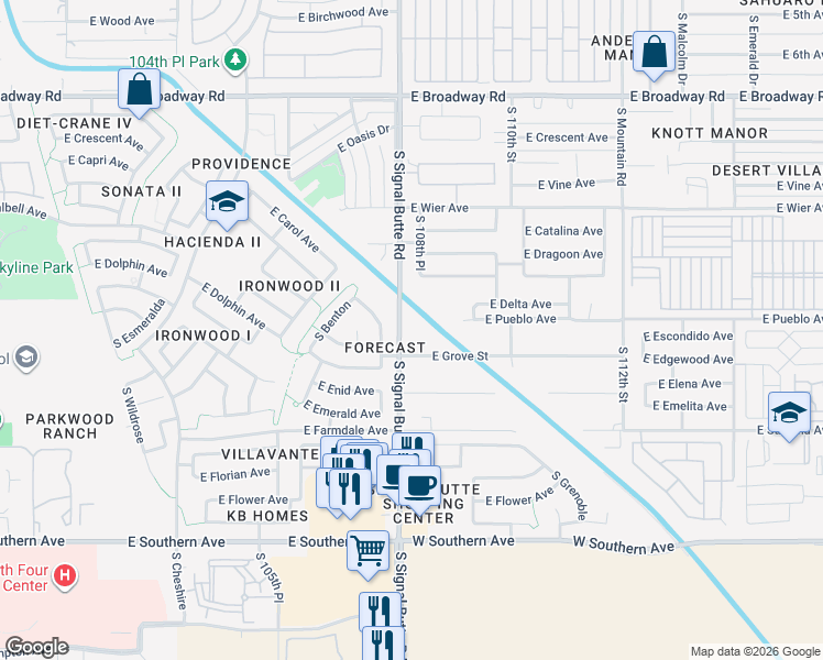 map of restaurants, bars, coffee shops, grocery stores, and more near 10818 East Grove Street in Mesa