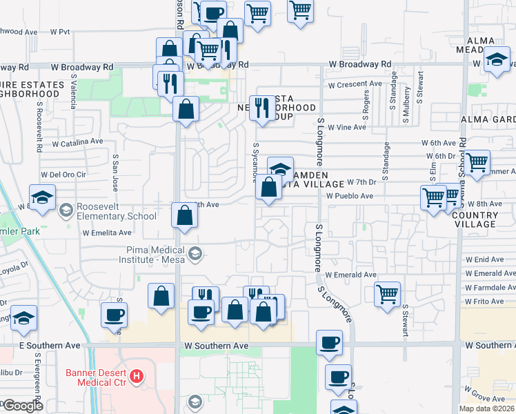 map of restaurants, bars, coffee shops, grocery stores, and more near 1807 West 8th Avenue in Mesa