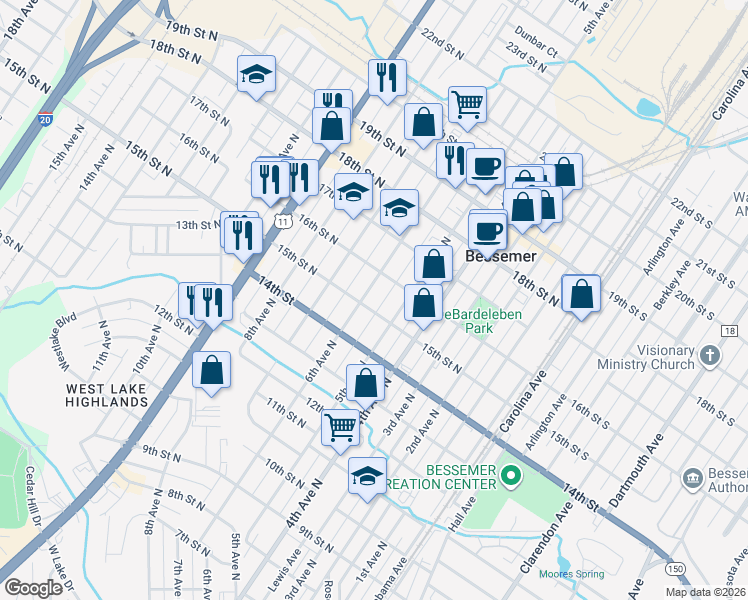 map of restaurants, bars, coffee shops, grocery stores, and more near 1519 6th Avenue North in Bessemer