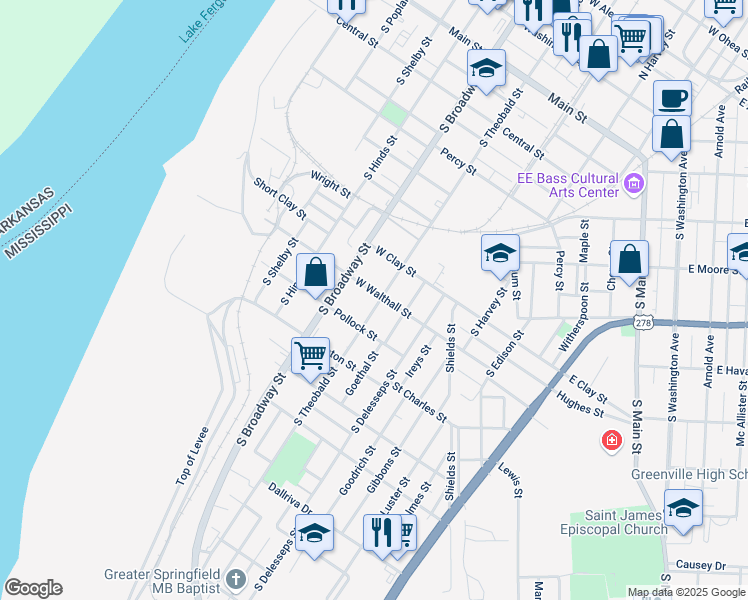 map of restaurants, bars, coffee shops, grocery stores, and more near 631 West Walthall Street in Greenville