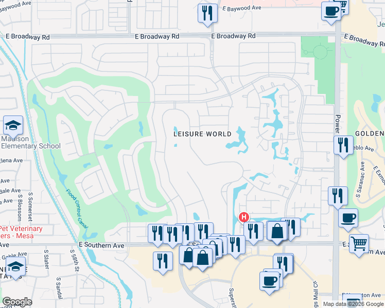 map of restaurants, bars, coffee shops, grocery stores, and more near 1226 Leisure World in Mesa