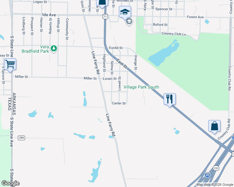 map of restaurants, bars, coffee shops, grocery stores, and more near 1402 Betty Street in Texarkana