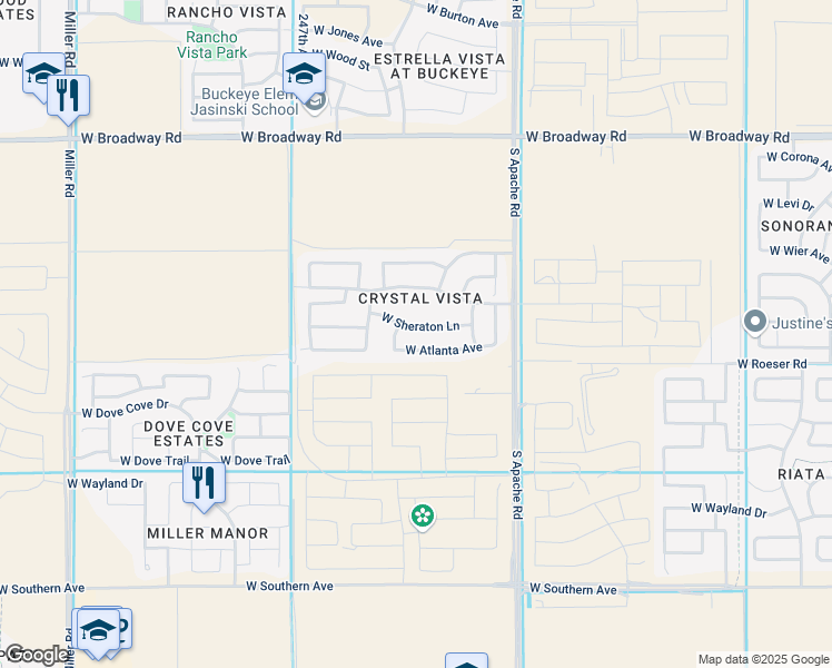 map of restaurants, bars, coffee shops, grocery stores, and more near 24496 West Sheraton Lane in Buckeye