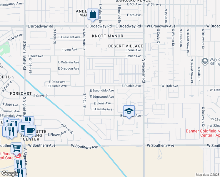 map of restaurants, bars, coffee shops, grocery stores, and more near 11350 East Escondido Avenue in Mesa