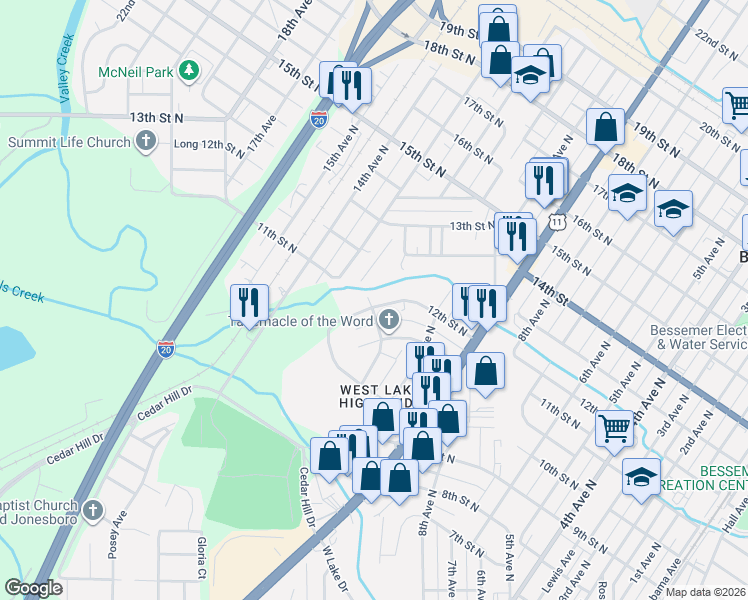 map of restaurants, bars, coffee shops, grocery stores, and more near 1037 12th Street North in Bessemer
