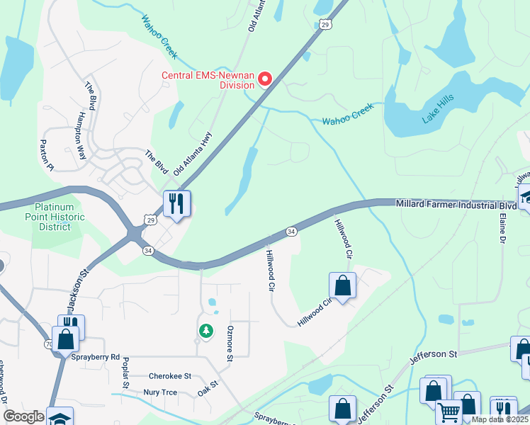 map of restaurants, bars, coffee shops, grocery stores, and more near 355 Millard Farmer Industrial Boulevard in Newnan
