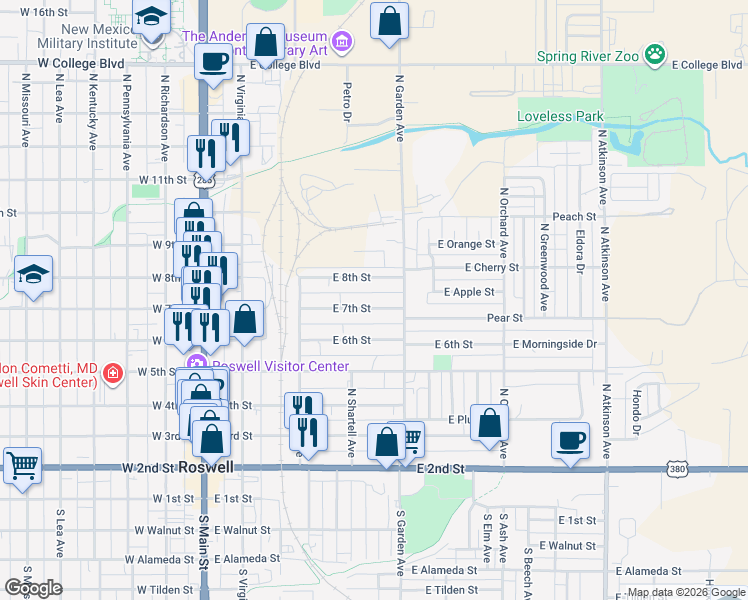 map of restaurants, bars, coffee shops, grocery stores, and more near 300-398 East 8th Street in Roswell