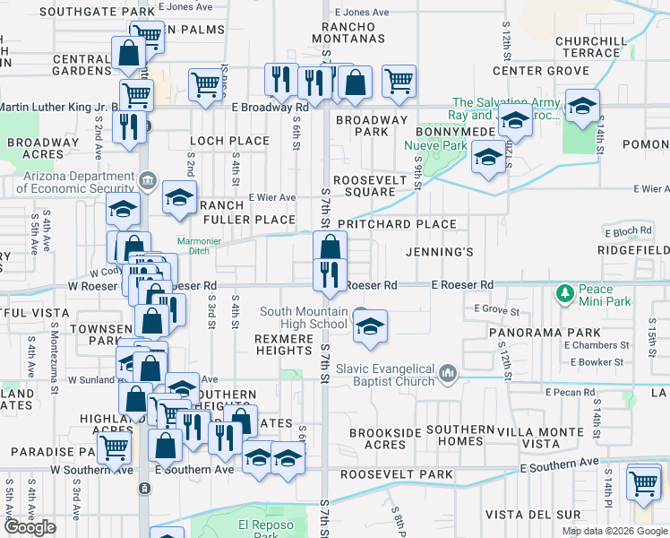 map of restaurants, bars, coffee shops, grocery stores, and more near 717 East Atlanta Avenue in Phoenix