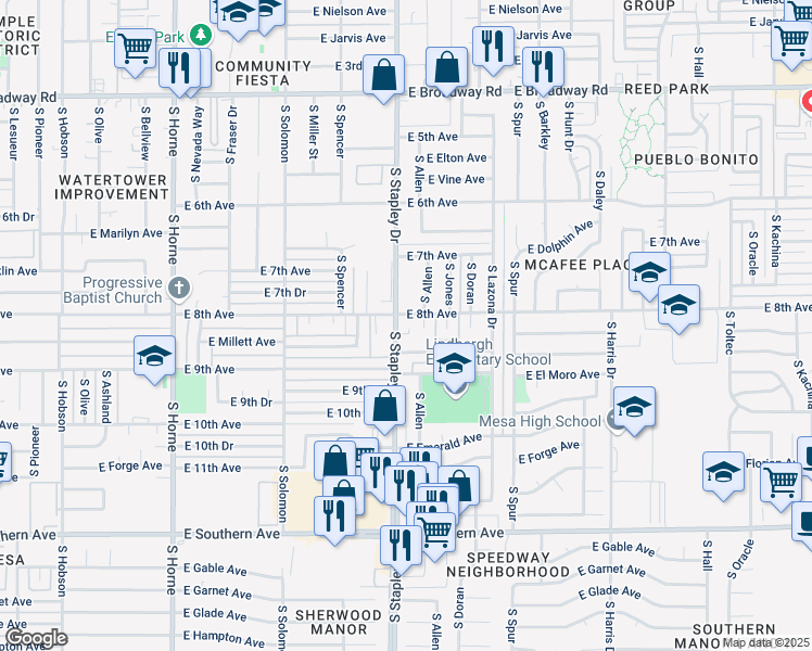 map of restaurants, bars, coffee shops, grocery stores, and more near 819 South Stapley Drive in Mesa