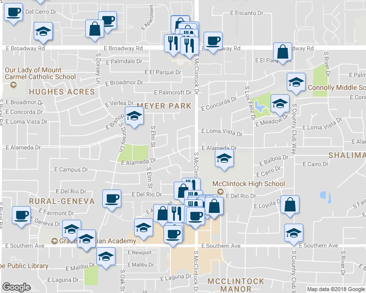 map of restaurants, bars, coffee shops, grocery stores, and more near 1728 East Alameda Drive in Tempe
