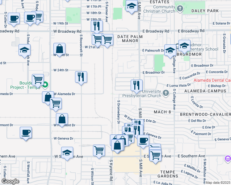 map of restaurants, bars, coffee shops, grocery stores, and more near 220 West Alameda Drive in Tempe
