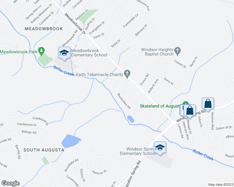 map of restaurants, bars, coffee shops, grocery stores, and more near 3619 Brookshire Road in Augusta