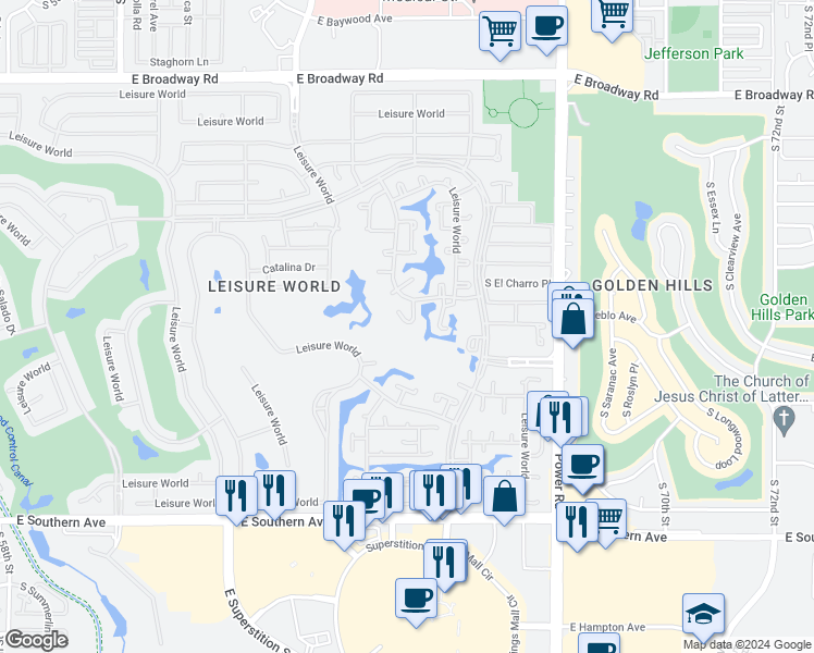 map of restaurants, bars, coffee shops, grocery stores, and more near 669 Leisure World in Mesa