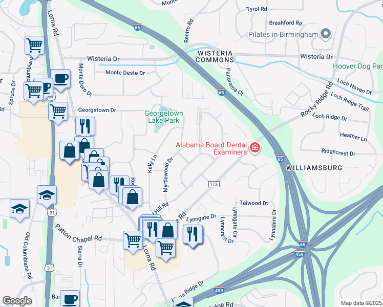 map of restaurants, bars, coffee shops, grocery stores, and more near 2144 Larchmont Cir in Birmingham
