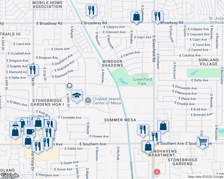 map of restaurants, bars, coffee shops, grocery stores, and more near 4121 East Pueblo Avenue in Mesa