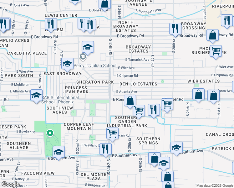 map of restaurants, bars, coffee shops, grocery stores, and more near 2419 East Atlanta Avenue in Phoenix