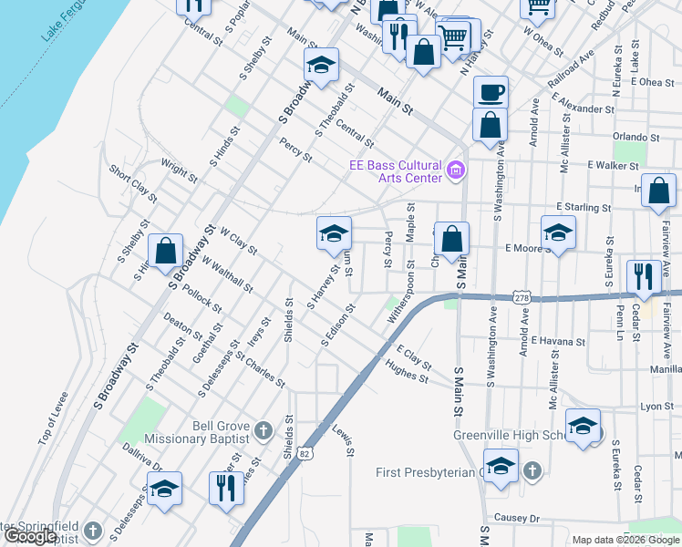map of restaurants, bars, coffee shops, grocery stores, and more near 616 South Harvey Street in Greenville