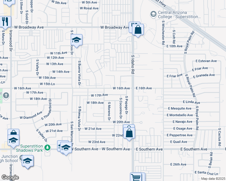 map of restaurants, bars, coffee shops, grocery stores, and more near 277 West 16th Avenue in Apache Junction