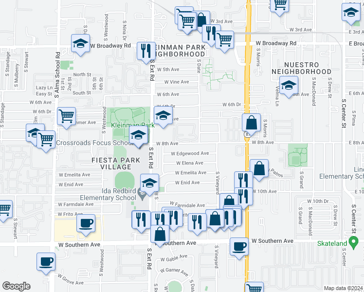 map of restaurants, bars, coffee shops, grocery stores, and more near 649 West 8th Avenue in Mesa