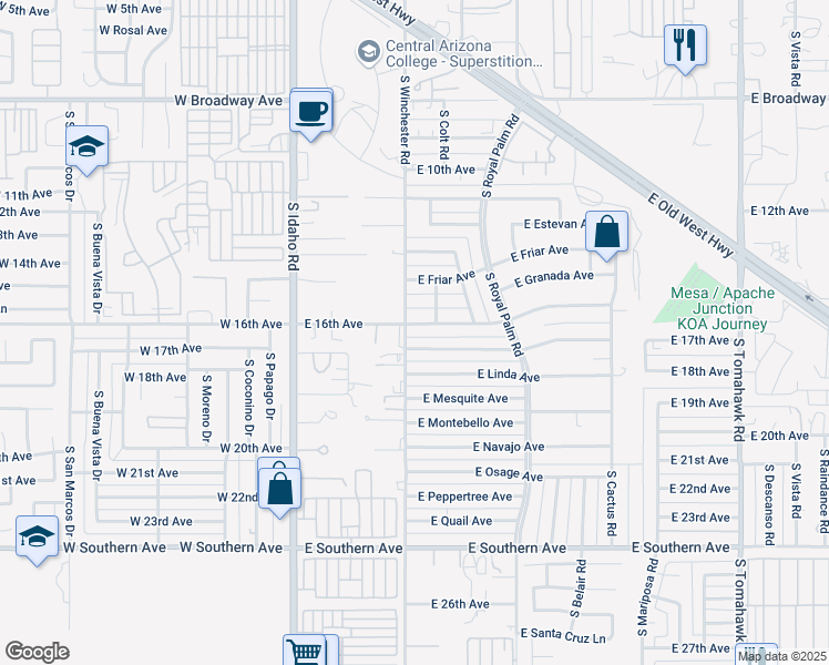 map of restaurants, bars, coffee shops, grocery stores, and more near 1635 South Winchester Road in Apache Junction
