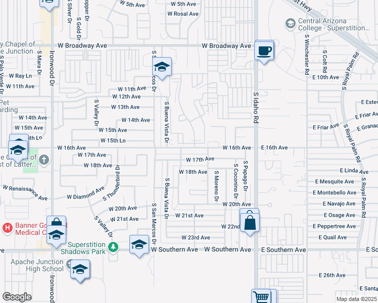 map of restaurants, bars, coffee shops, grocery stores, and more near 565 West 16th Avenue in Apache Junction