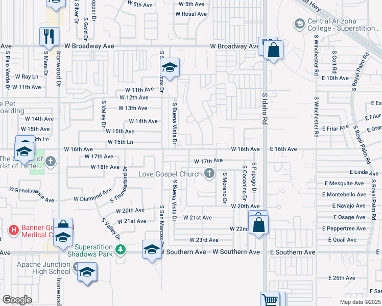 map of restaurants, bars, coffee shops, grocery stores, and more near 565 West 16th Avenue in Apache Junction
