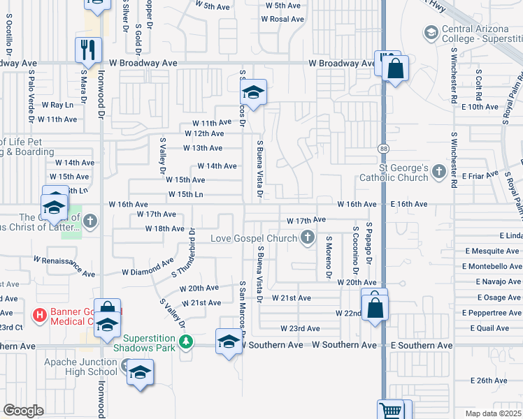 map of restaurants, bars, coffee shops, grocery stores, and more near 683 West 16th Avenue in Apache Junction