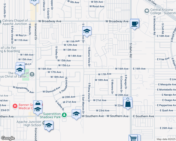 map of restaurants, bars, coffee shops, grocery stores, and more near 683 West 16th Avenue in Apache Junction