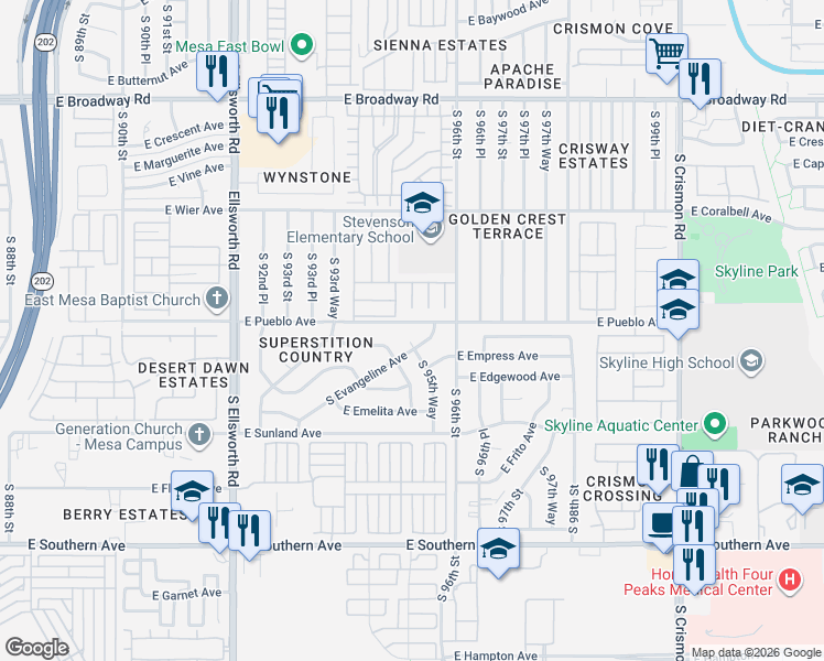 map of restaurants, bars, coffee shops, grocery stores, and more near 9525 East Pueblo Avenue in Mesa