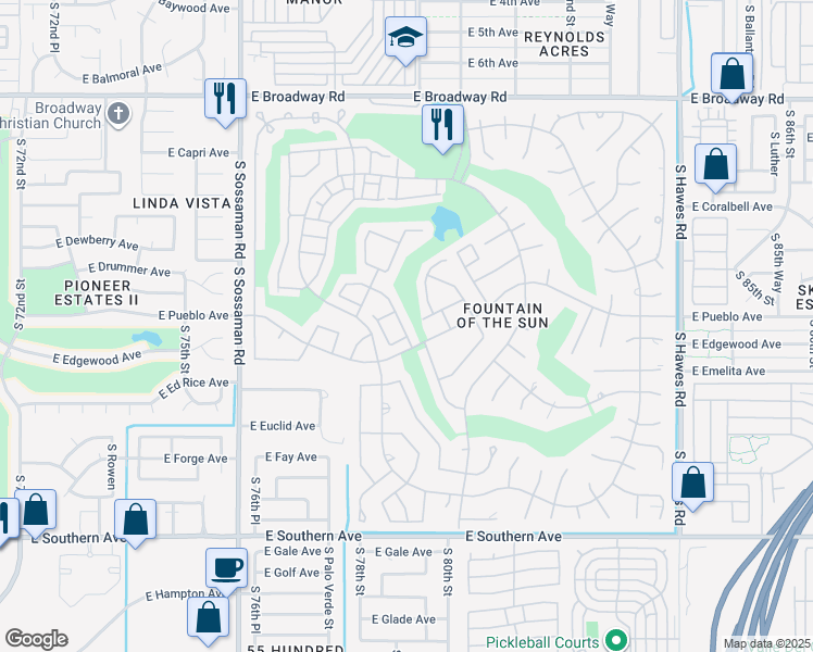 map of restaurants, bars, coffee shops, grocery stores, and more near 738 South Arrowwood Way in Mesa
