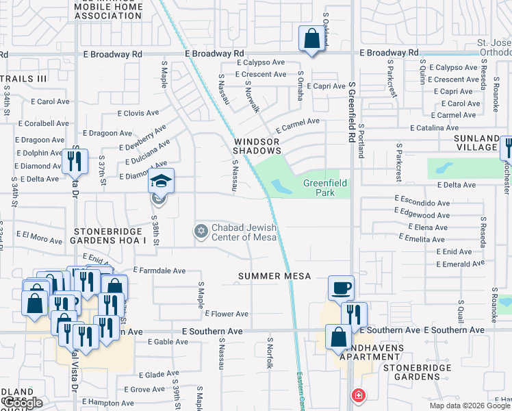 map of restaurants, bars, coffee shops, grocery stores, and more near 4121 East Pueblo Avenue in Mesa