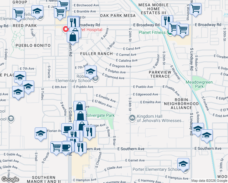 map of restaurants, bars, coffee shops, grocery stores, and more near 2263 East Pueblo Avenue in Mesa
