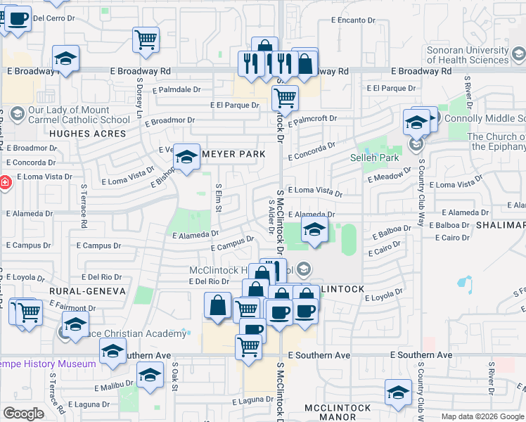 map of restaurants, bars, coffee shops, grocery stores, and more near 1728 East Alameda Drive in Tempe