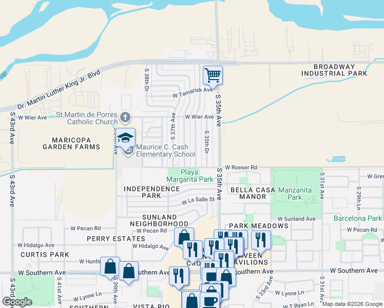 map of restaurants, bars, coffee shops, grocery stores, and more near 5015 South 36th Avenue in Phoenix