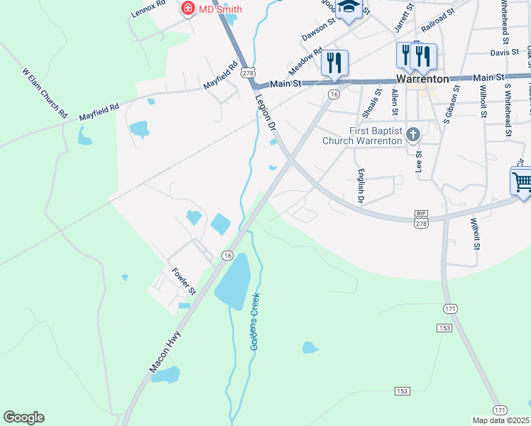 map of restaurants, bars, coffee shops, grocery stores, and more near 176 Parham Street Extension in Warrenton