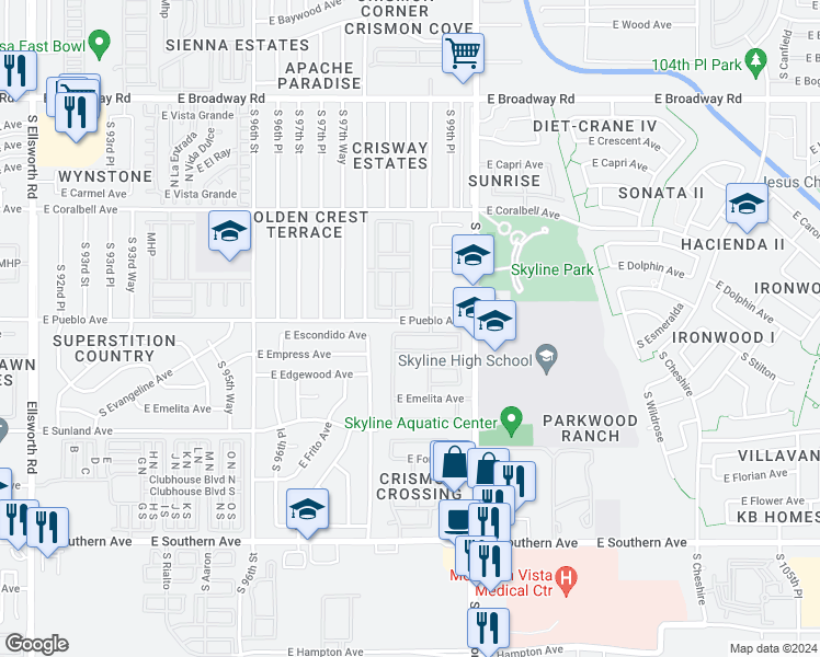 map of restaurants, bars, coffee shops, grocery stores, and more near 9836 East Escondido Avenue in Mesa