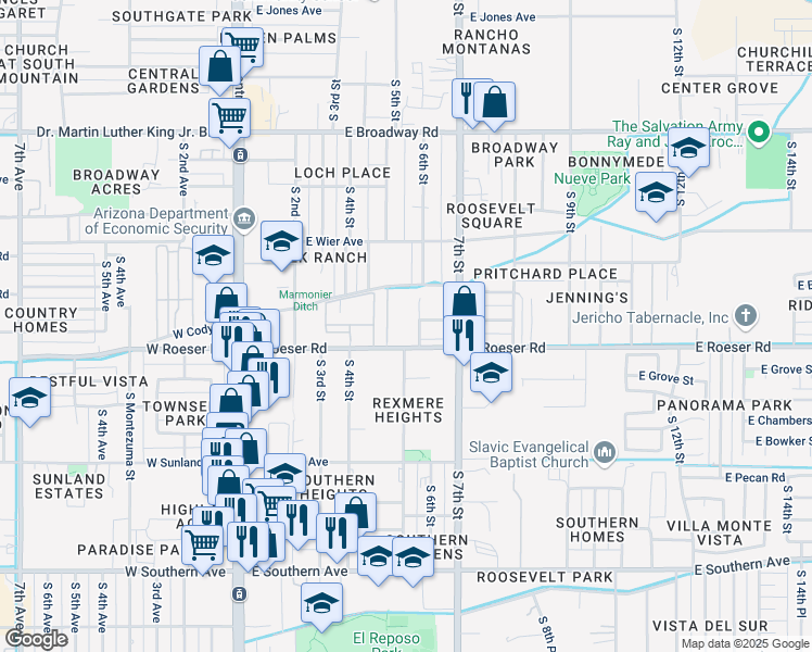 map of restaurants, bars, coffee shops, grocery stores, and more near 5108 South 6th Street in Phoenix