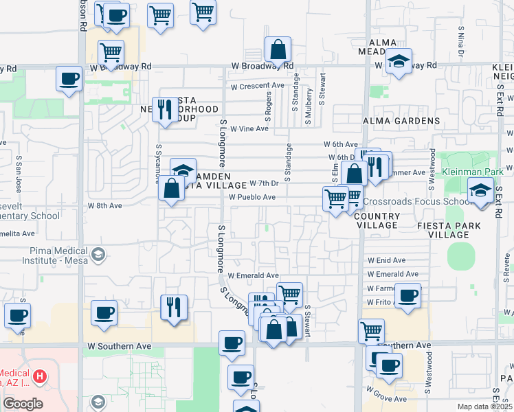 map of restaurants, bars, coffee shops, grocery stores, and more near 1509 West Pueblo Avenue in Mesa