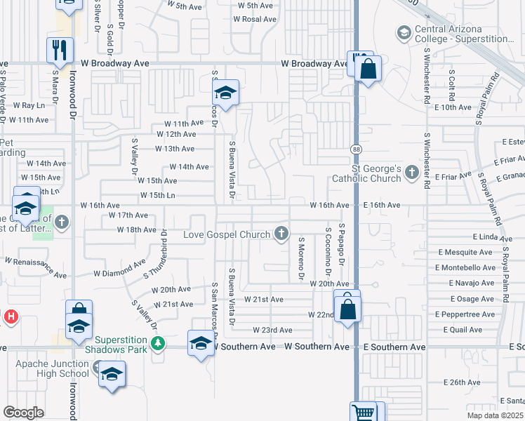 map of restaurants, bars, coffee shops, grocery stores, and more near 545 West 16th Avenue in Apache Junction