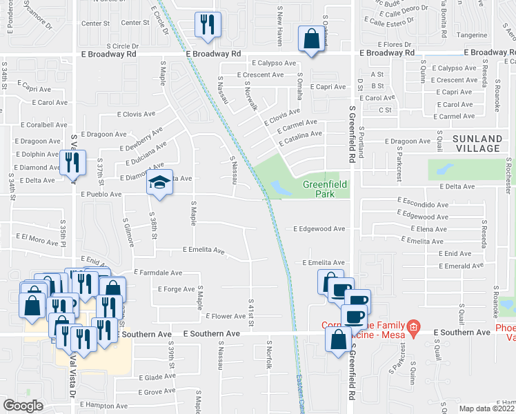 map of restaurants, bars, coffee shops, grocery stores, and more near 4121 East Pueblo Avenue in Mesa