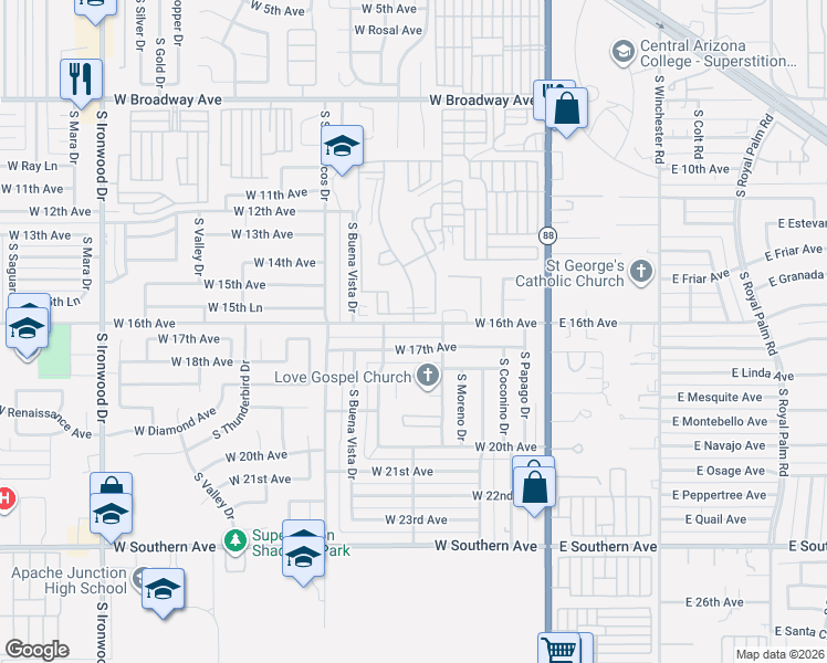 map of restaurants, bars, coffee shops, grocery stores, and more near 565 West 16th Avenue in Apache Junction